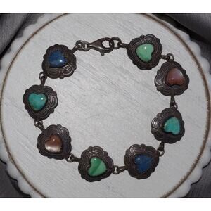 Vintage QT Sterling Silver Multicolor Gemstone Heart Bracelet 20.40G / 8in